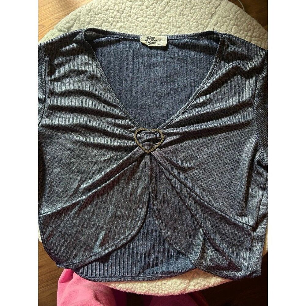 Hazy Daze 2XL Shiny Blue 70s Retro Heart Top Metallic Disco